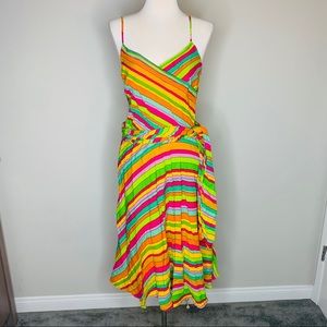 Bright Multi-Stripe Midi Dress with Tie Waist
